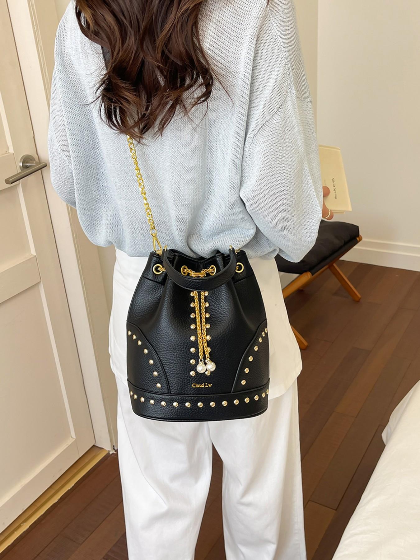 High-Quality Leopard Texture Rivet Drawstring Bucket Bag, Vintage Luxury Pearl Chain Shoulder Crossbody Bag, Women's Mini Storage Bag, Faux Leather Crossbody, Stylish Chain Bag