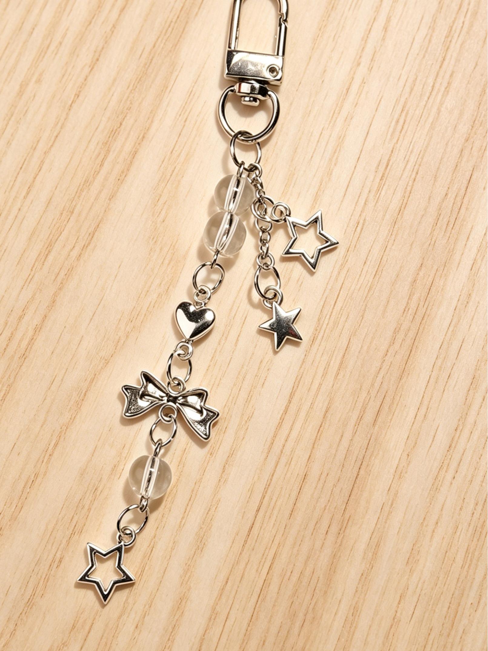 Sweet Bow Phone Chain, Heart Star Metal Keychain, Bag Pendant, Crystal Fringe Charm, Simple Multi-Functional Accessory