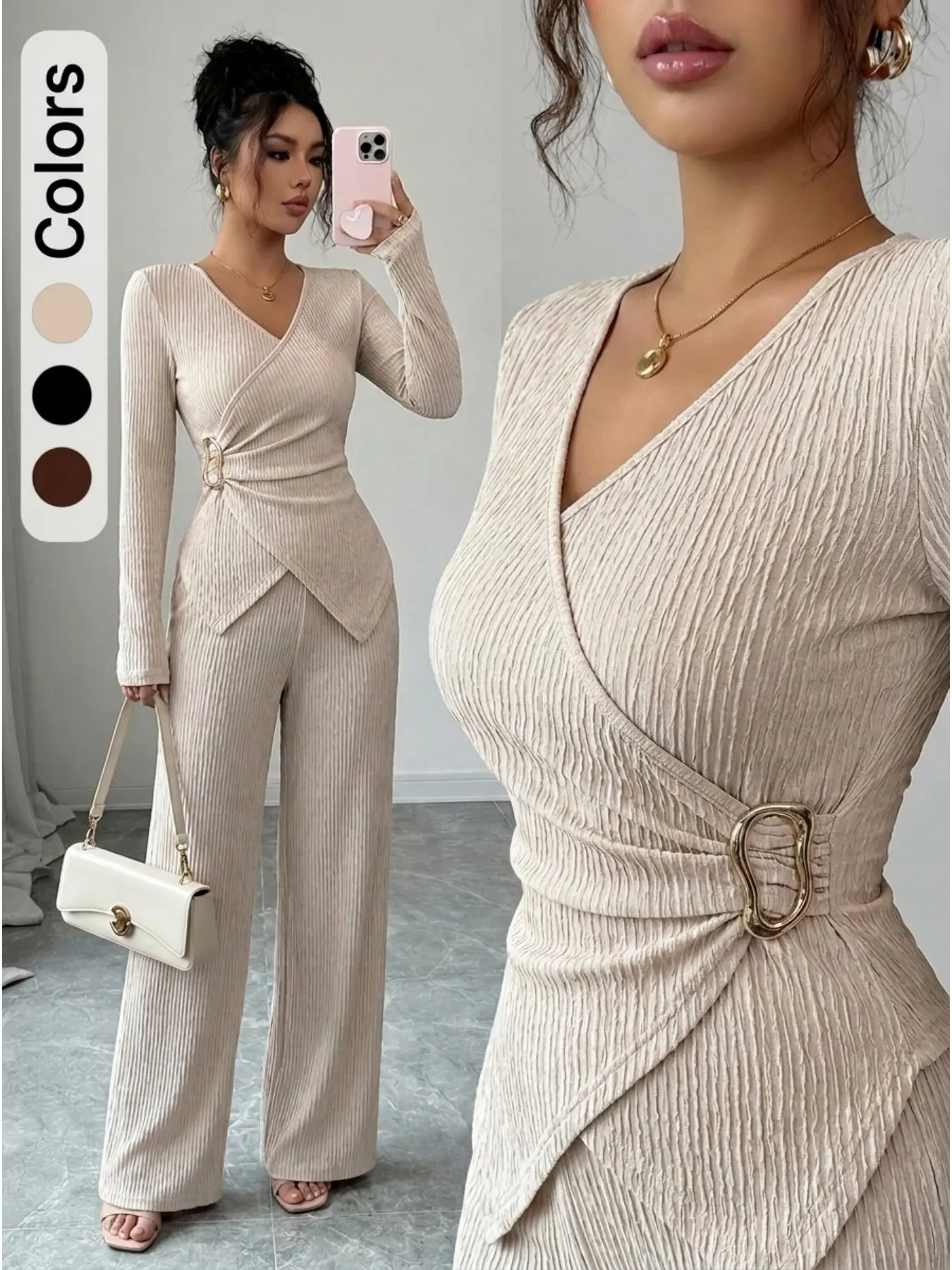 Women's 2 Piece Outfit, Cross V Neck Metal Button Long Sleeve Top Elastic Waist Wide Leg Pants Elegant Office Casual Matching Set
