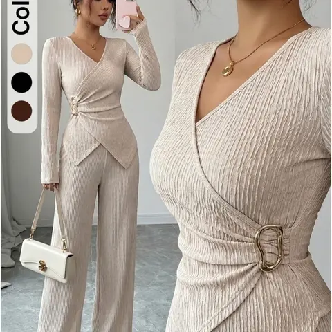 Women's Elegant Casual Office Two-Piece Set, Cross V Neck Long Sleeve T-Shirt with Metal Buckle + Wide Leg Pants, Fall Winter