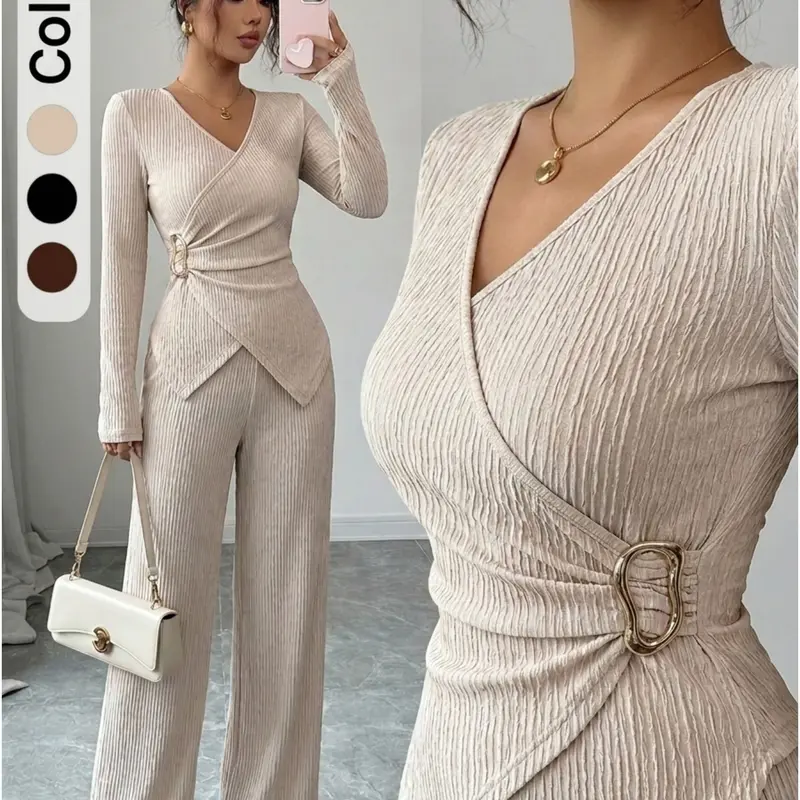 Women's Elegant Casual Office Two-Piece Set, Cross V Neck Long Sleeve T-Shirt with Metal Buckle + Wide Leg Pants, Fall Winter