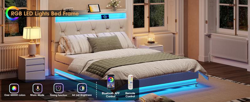 Vabches Lift Up Storage Bed Frame, Storage Headboard with Charging Station, LED Lights Upholstered Platform Bed, No Box Spring Needed, Noise-Free