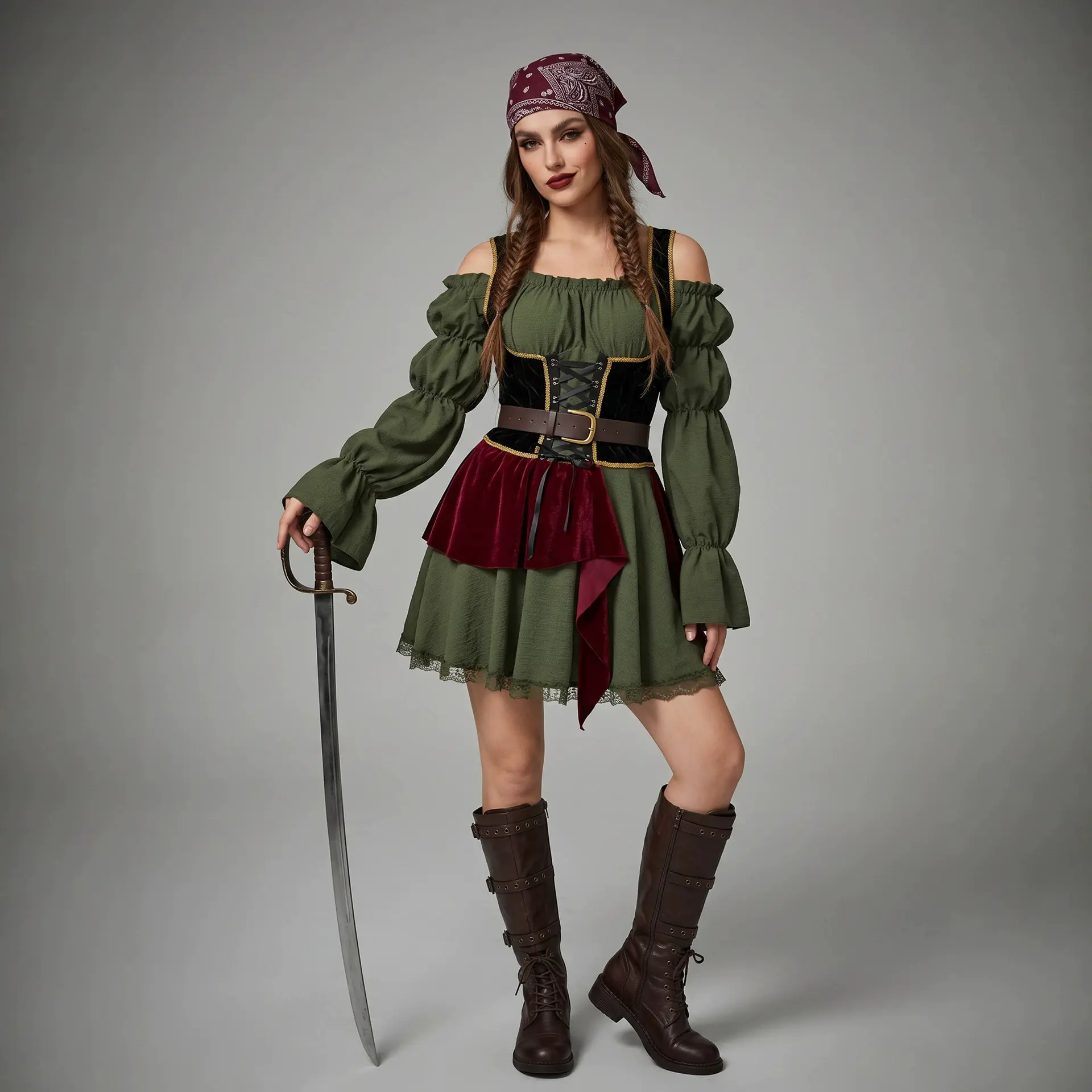 Women Vintage Pirate Dress Halloween Costume Carnival Medieval Stage Performance Outfit