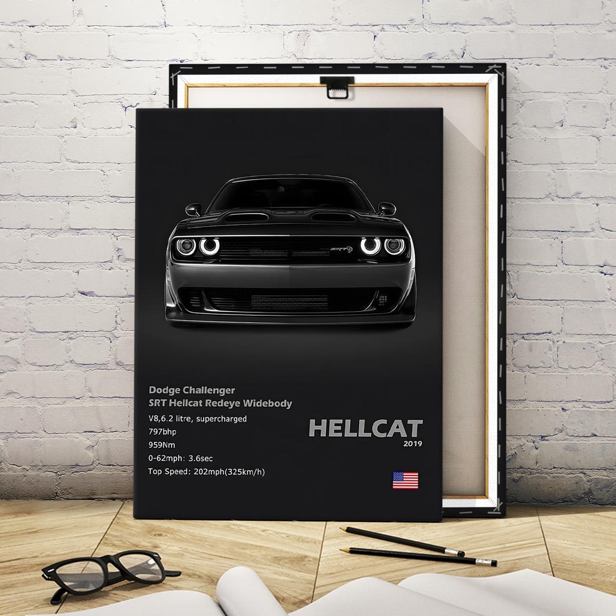 1 Count wooden frame canvas, Dodge Challenger SRT Hellcat poster, Cool car pattern decoration, Fashion Art Hallway Office Mural, Exquisite poster Home Decoration, Ideal Gift, HD, waterproof art, Wooden Wall Art