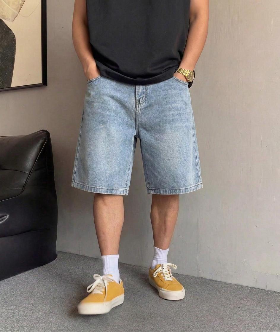 Men's Light Blue Minimalist Denim Shorts - Soft, Breathable Menswear with Regular Straight Fit, 5-Pocket Design, Zipper, Stylish Streetwear for Outdoor Activities, Everyday Wear