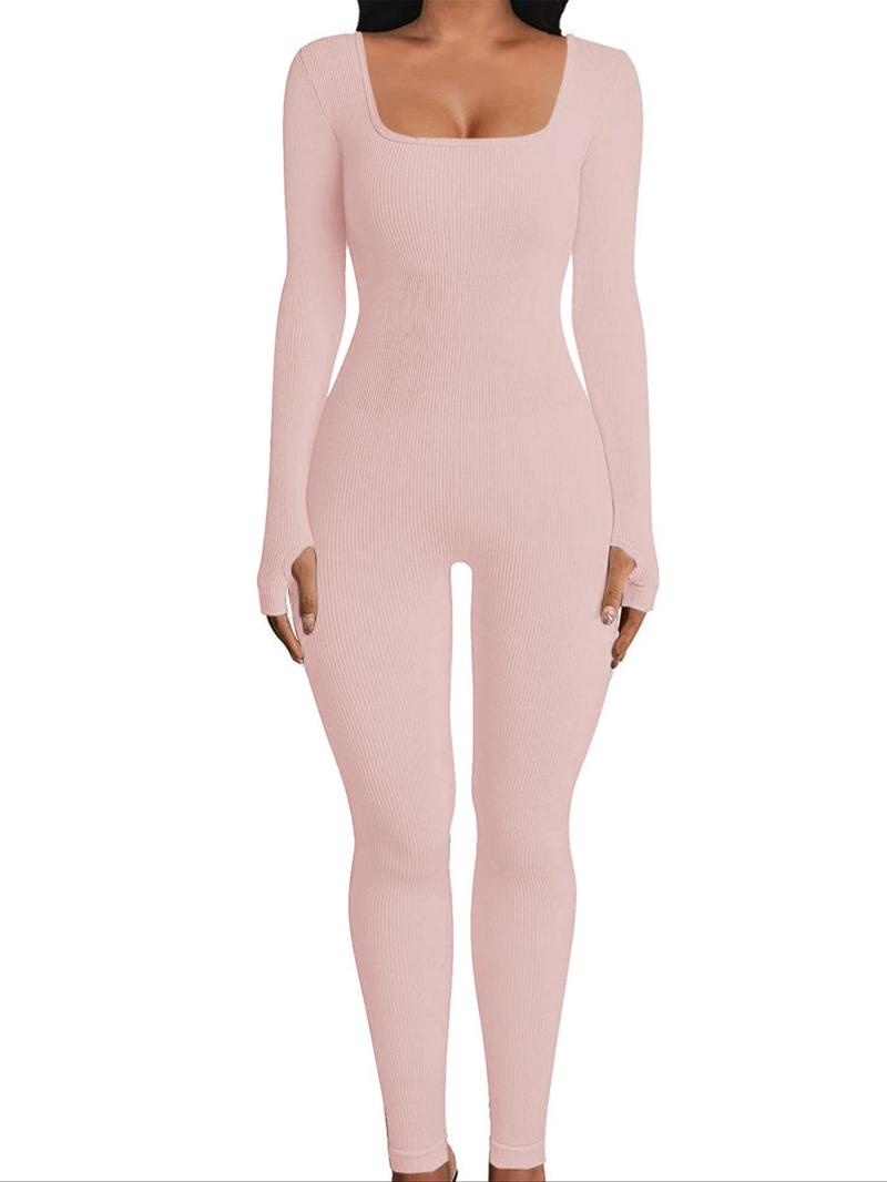 Women's Ribbed Thumb Hole Design Lounge Jumpsuit, Slim-Fitting Home Wear for All Seasons, Women's Loungewear Footed Jumpsuit