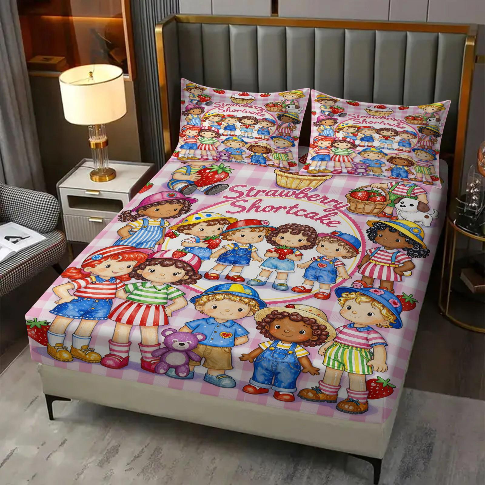 Strawberry Sweetheart Fitted Sheet Set and 2 Pillowcases No Core, Bright Colors, Watercolor Style Characters Collection, Soft Anti-Slip Wrinkle-Resistant, Fairy-Tale Girls Room, Kids Room Decor, Gift Idea