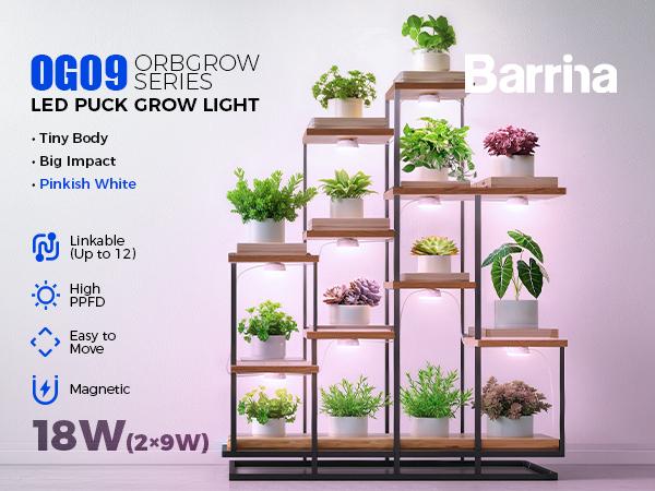 Barrina Orbgrow OG09 Puck LED Grow Light, Pinkish White 18W(2 x 9W, 270 Watt Equiv), Plant Lights for Indoor Plants Full Spectrum, Magnetic & Linkable, Small Grow lamp for Plant Shelf, 2 Packs