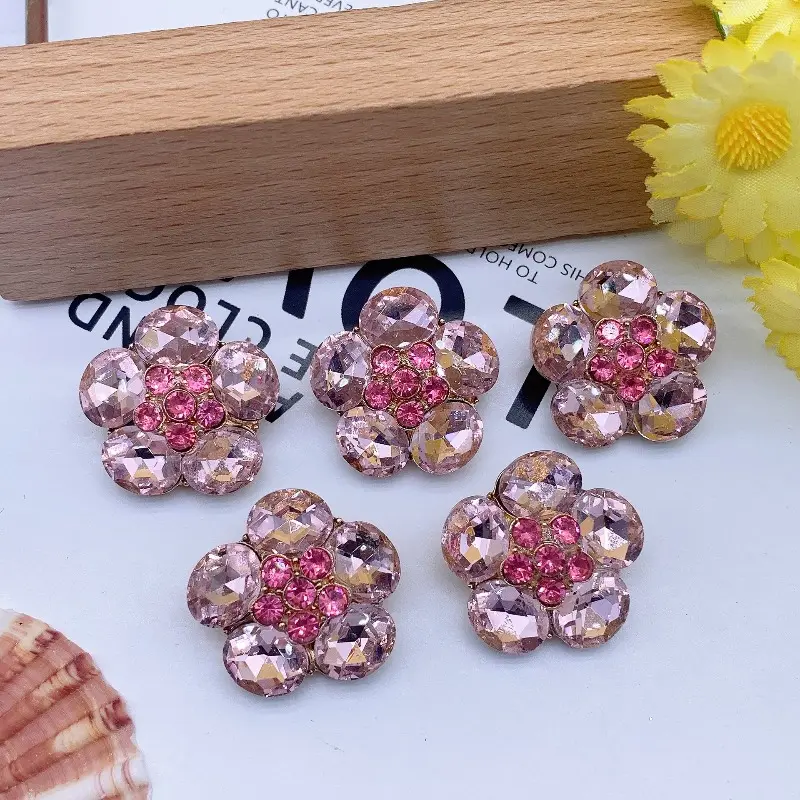 24mm Fashion Flower Rhinestone Metal Buttons (10pcs) - Round, Square, High-Stem Design, Bright Pink - Ideal for Crafts, Wedding Decor, Gift Wrapping
