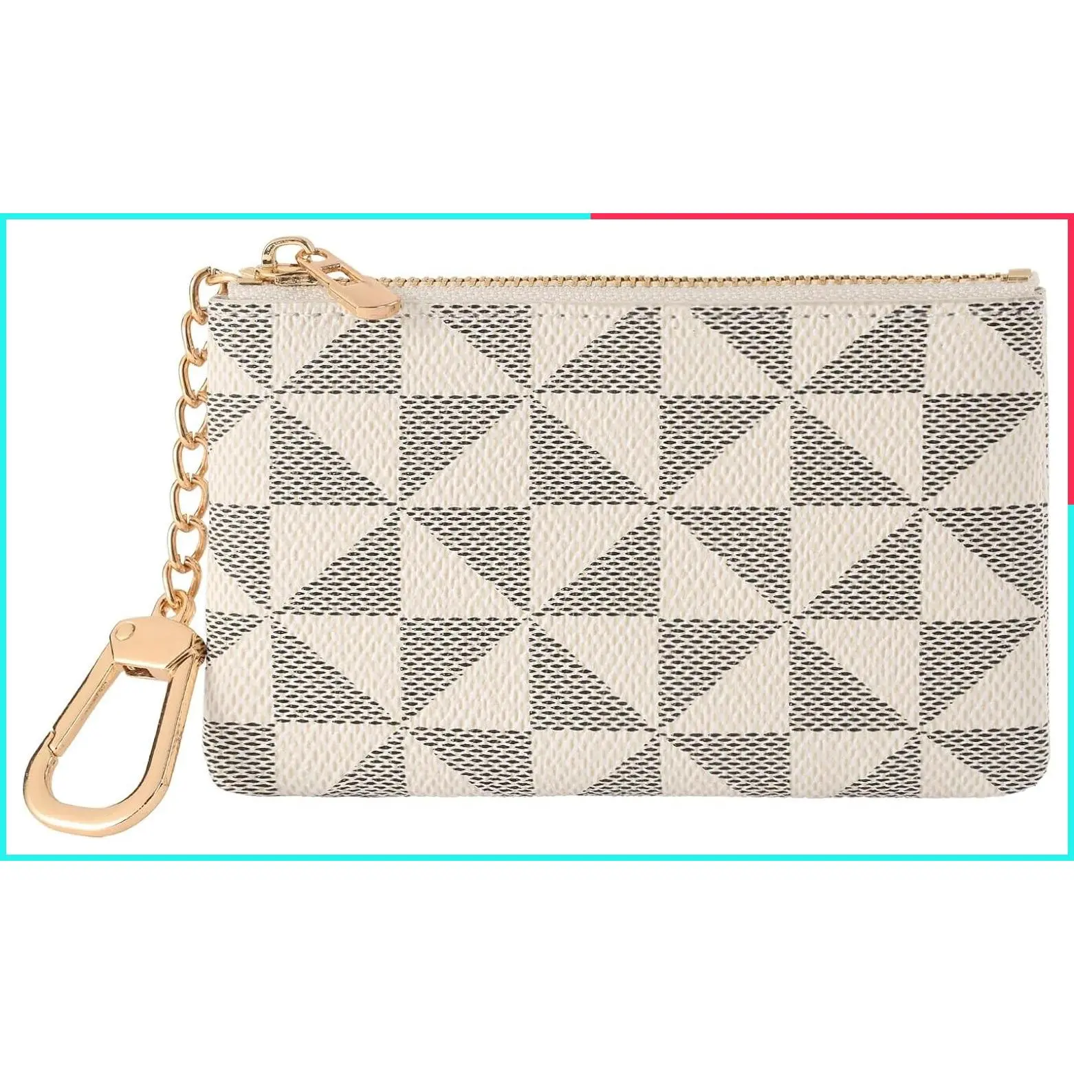 Unisex Leather Coin Purse with Keychain, Small Zipper Change Pouch Card Holder Wallet Clutch - White