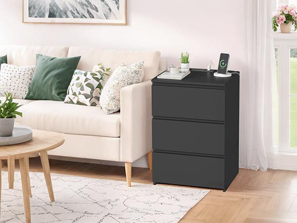FOTOSOK Nightstad with Charging Station, White Nightstand with 3 Drawers,  Nightstand with USB Ports, Power Outlets, Silent Slides, Wooden End Side Table Bedside Table for Bedroom