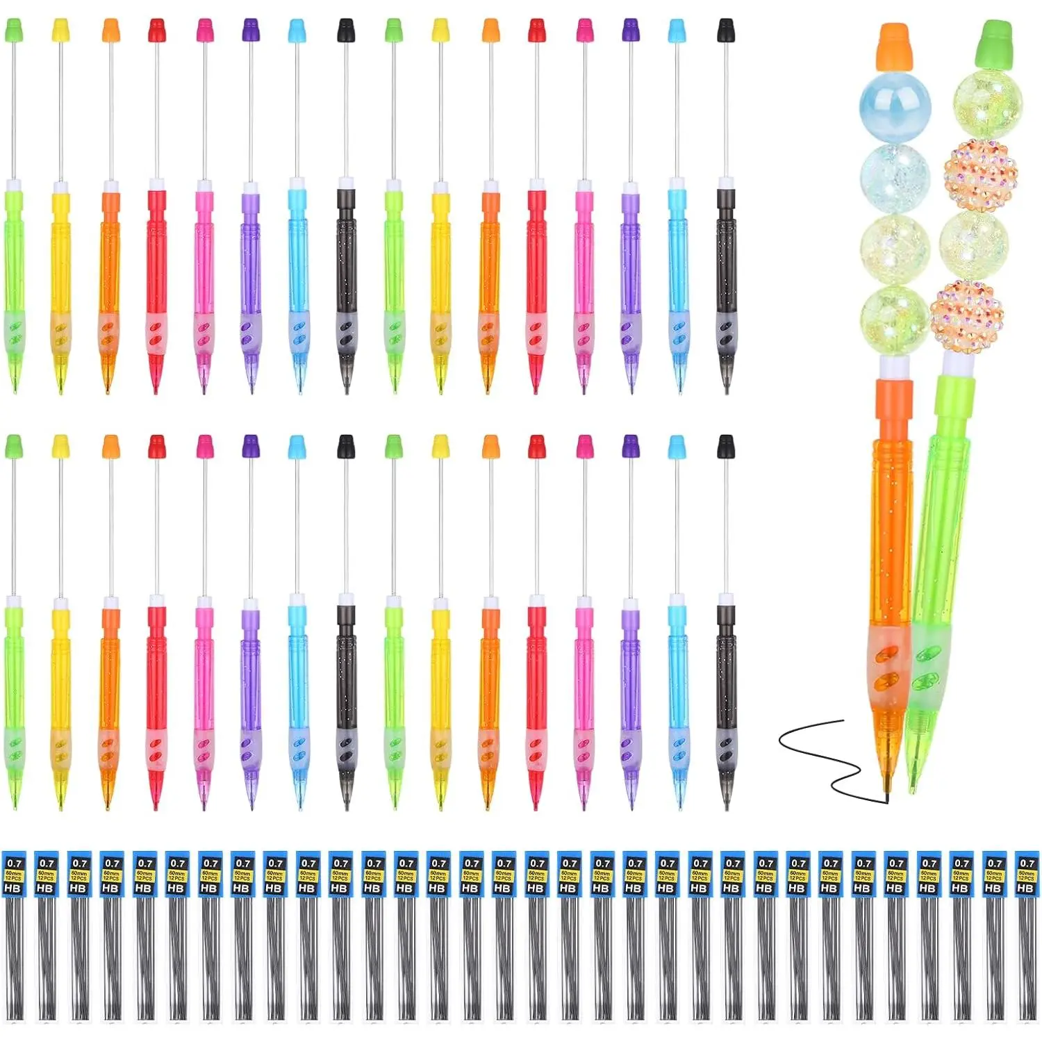 32 count DIY Beadable Mechanical Pencils Kit 8 Colors Beadable Pencils Bulk | with 0.7mm Refill Plastic Automatic Beaded Pencil Making Kit for Adult DIY Crafts Writing Drawing (Beads Not Included)