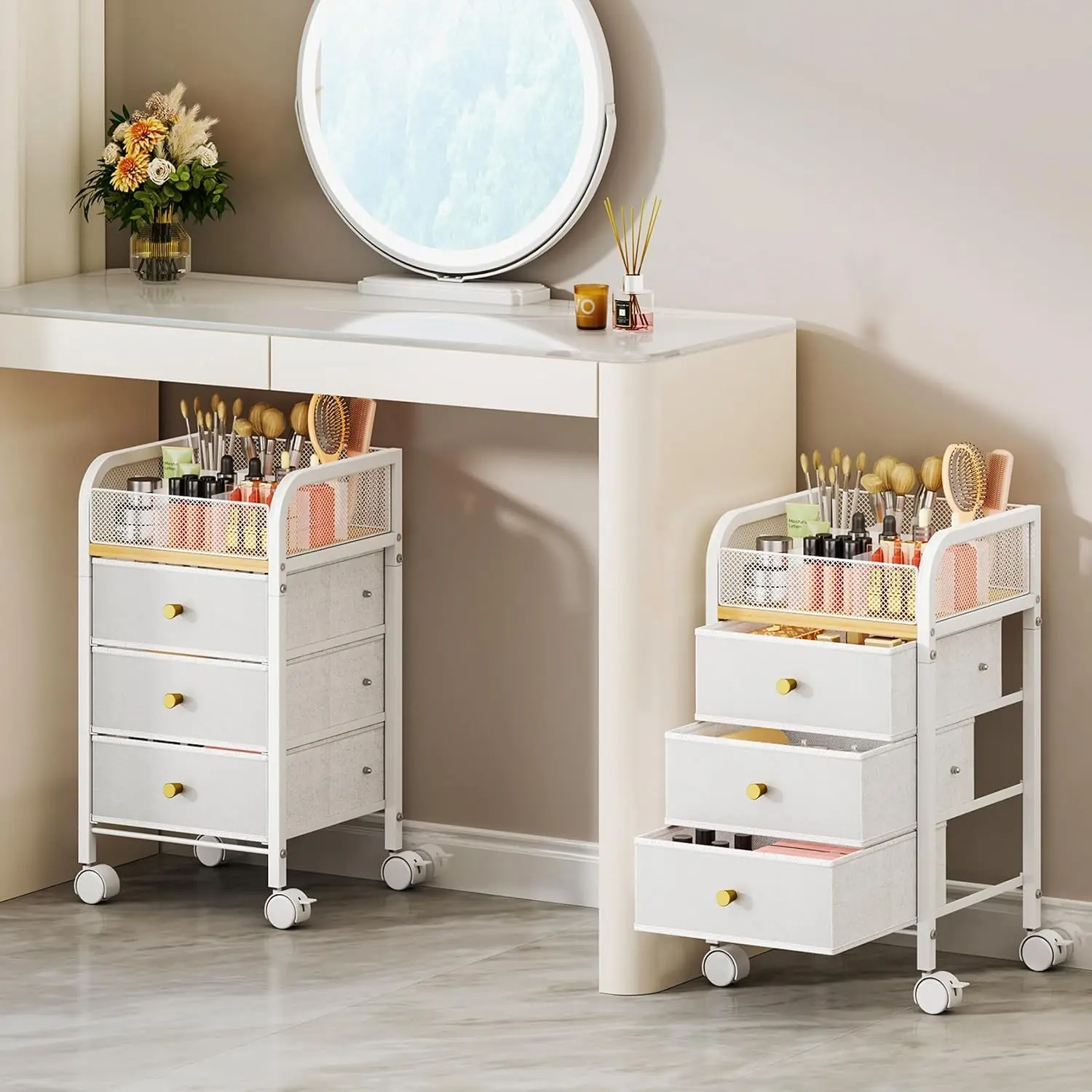 Rolling Makeup Organizer Cart - Under Desk Vanity Makeup Storage with 3 Non-woven Drawers, Nail Cart Organizer Cosmetic Display Cases Cabinet for Skin Care Perfume Nail Polish Brush Hair Tool