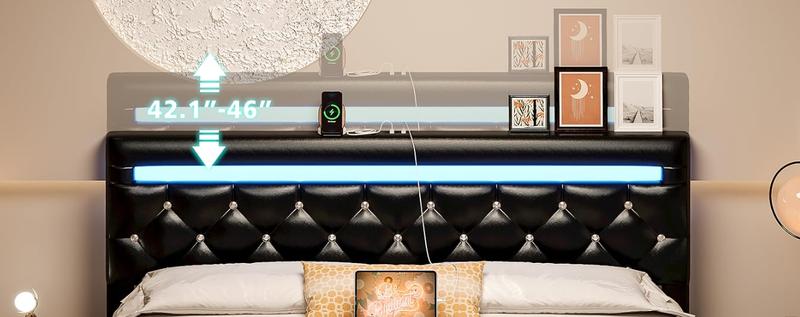 LIKIMIO Bed Frame with LED Lights and 4 Storage Drawers, Upholstered Platform Bed Frame Queen Size with Adjustable Crystal Button PU Leather Headboard, No Box Spring Needed, Black