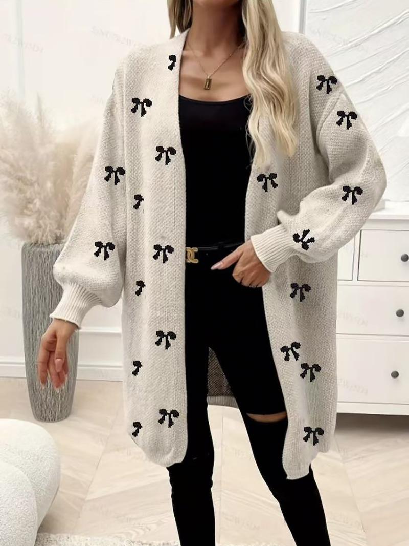 Autumn Winter New High-End Bow Pattern Knit Long Cardigan Sweater, Casual Versatile Outerwear, Elegant Lazy Style, Comfortable Color Block Design, Knitwear