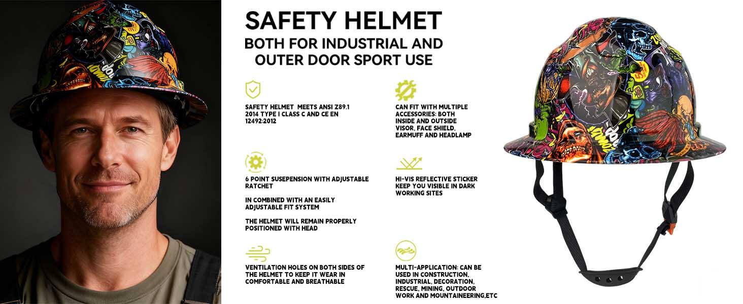 Unisex Sport Casual Full-Brimmed Visor Headgear with 360° Brim, HDPE Shell, Graffiti Art, Impact-Resistant Body, 1-Hand Adjust Dial Fit, Airflow Vents & Channels, All-Day Wear - Outdoor Work, Workshop Use