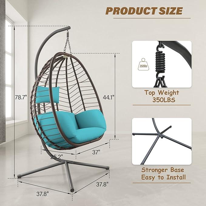 Egg Swing Chair Outdoor Indoor Wicker Rattan Hanging Chair with Stand 350lbs Capacity w/Strong Frame & Cushions for Patio Balcony Bedroom