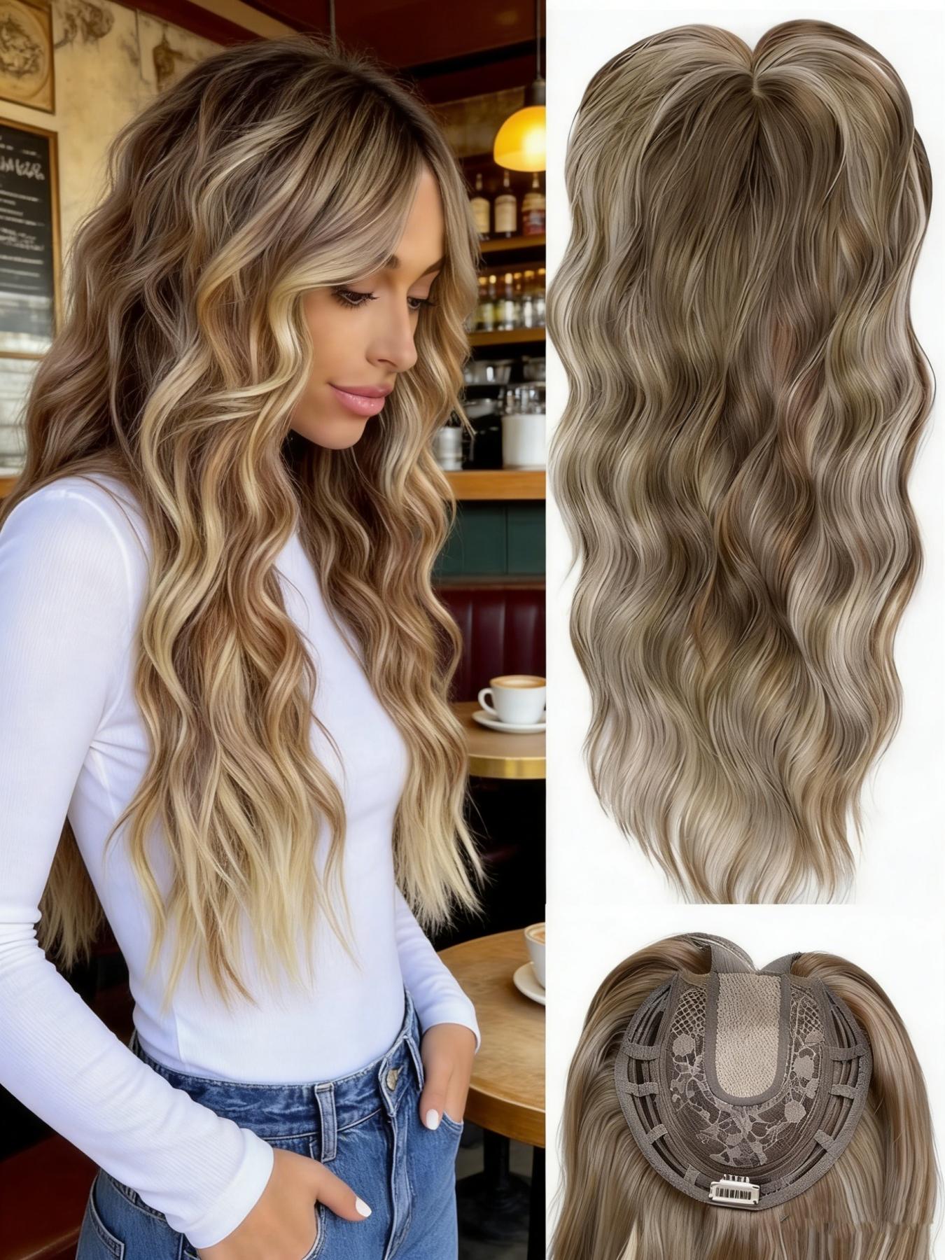 🔥 No More Bad Hair Days! 22" Dark Brown Wavy Clip-In Hair Topper, Invisible Lace Base, Premium Synthetic Hair, Seamless Blend for Thinning Hair & Instant Glam!