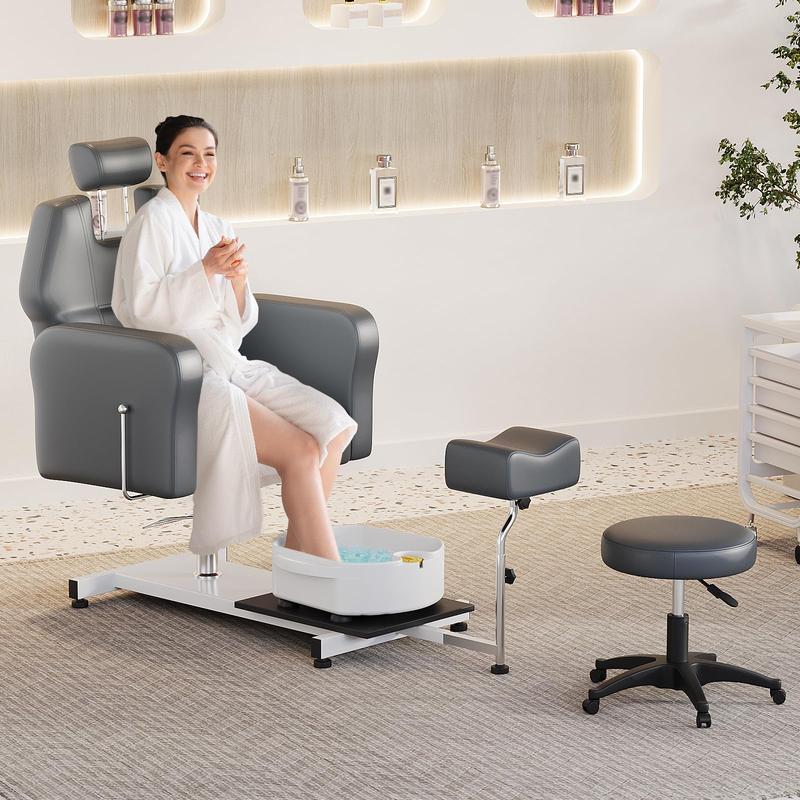 Reclining Pedicure Chair with Stool, 360 Swivel Massage Foot Bath Hydraulic Pedi Chair, Height Adjustable Pedicure Unit Station Beauty Spa Salon