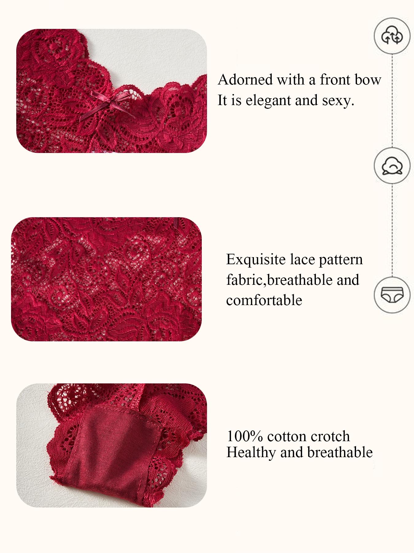 Women's Lace Underwear Mid-Waist Thong Panties, Bow Detail, Full Embroidery, Plain Color, M-Xxl, Slim-Fitting, All Seasons