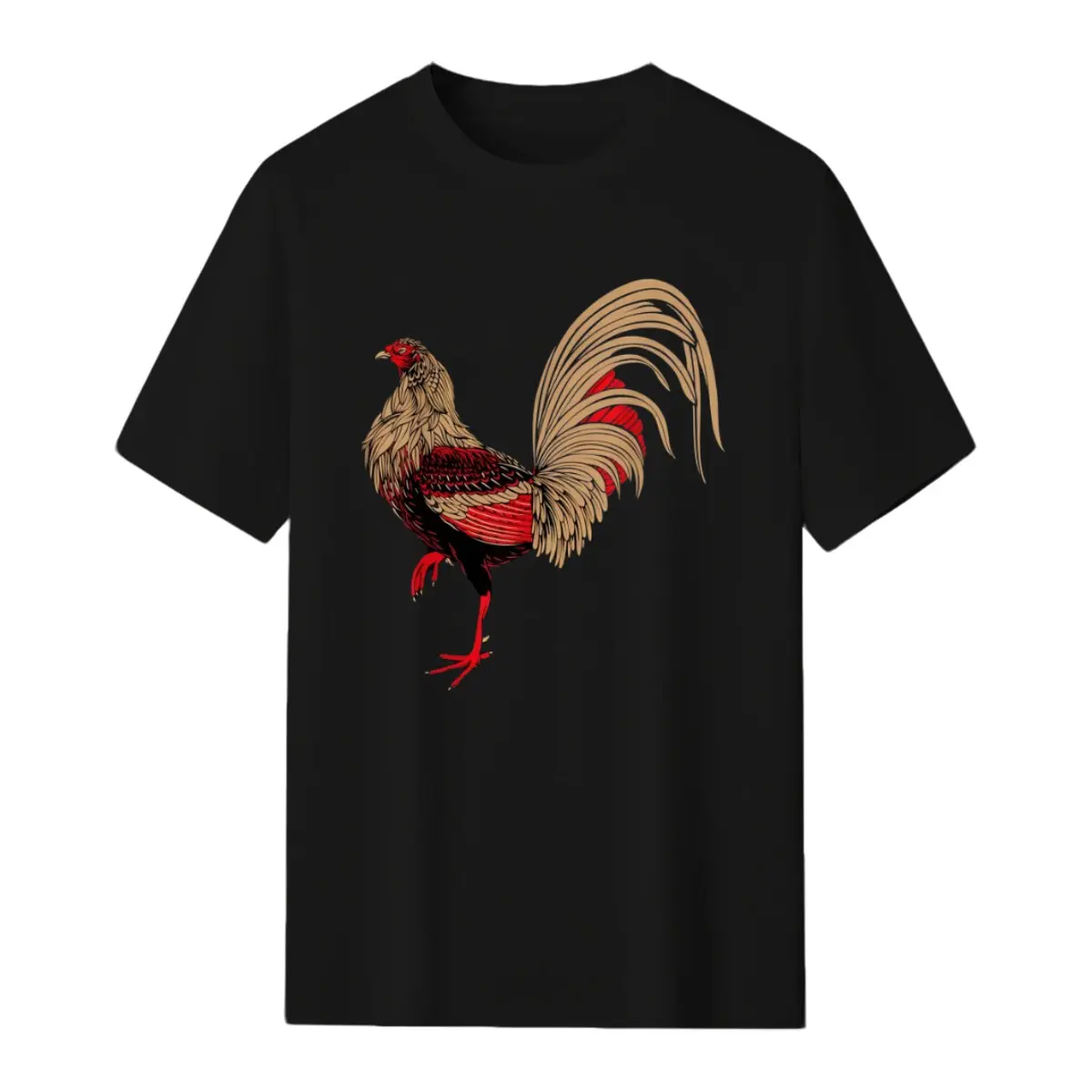 Men's Casual Black Cotton T-Shirt with Vibrant Red Rooster Print – Short Sleeve, Round Neck, Machine Washable, Perfect for Casual Attire, Casual Wear | Pullover Tshirt