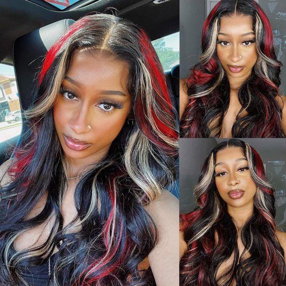 Highlight Blonde with Red Human Hair Wigs Transparent 13x4 Lace Frontal 180 Density Black Red Stripe Wig Pre Plucked Brazilian Body Wave Lace Front Wig