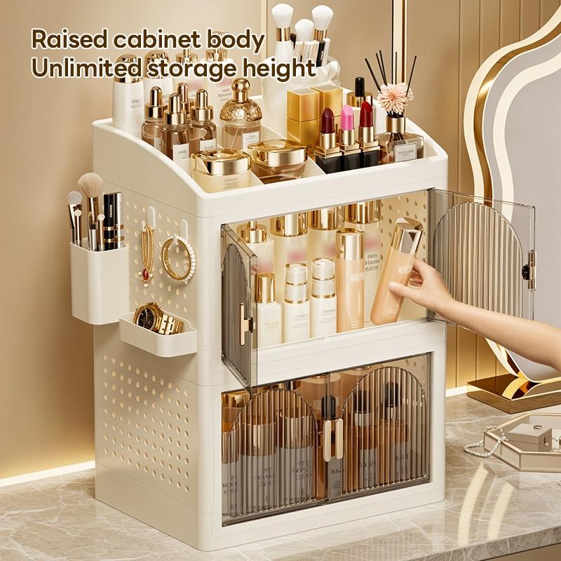 33cm*24.5cm Small Capacity Plastic Storage Cabinet, Magnetic Transparent Double Door, Organizer for Cosmetics and Small Items, Durable and Stylish