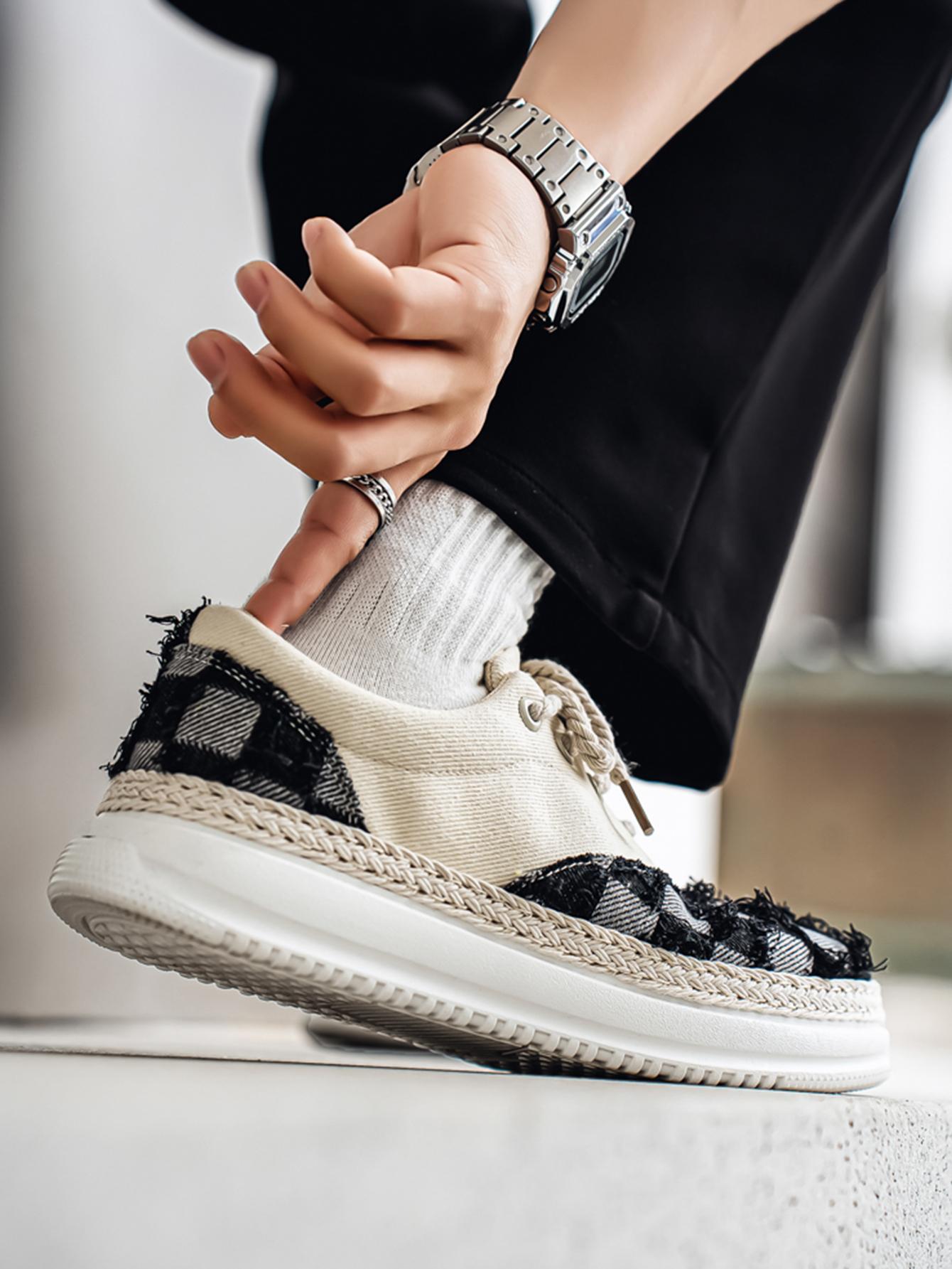 Summer New Men's Plaid Patchwork Hemp Rope Laces, Vintage Straw Trim Soft Elastic Thick Sole, Casual Checkered Shoes for Commute and Streetwear