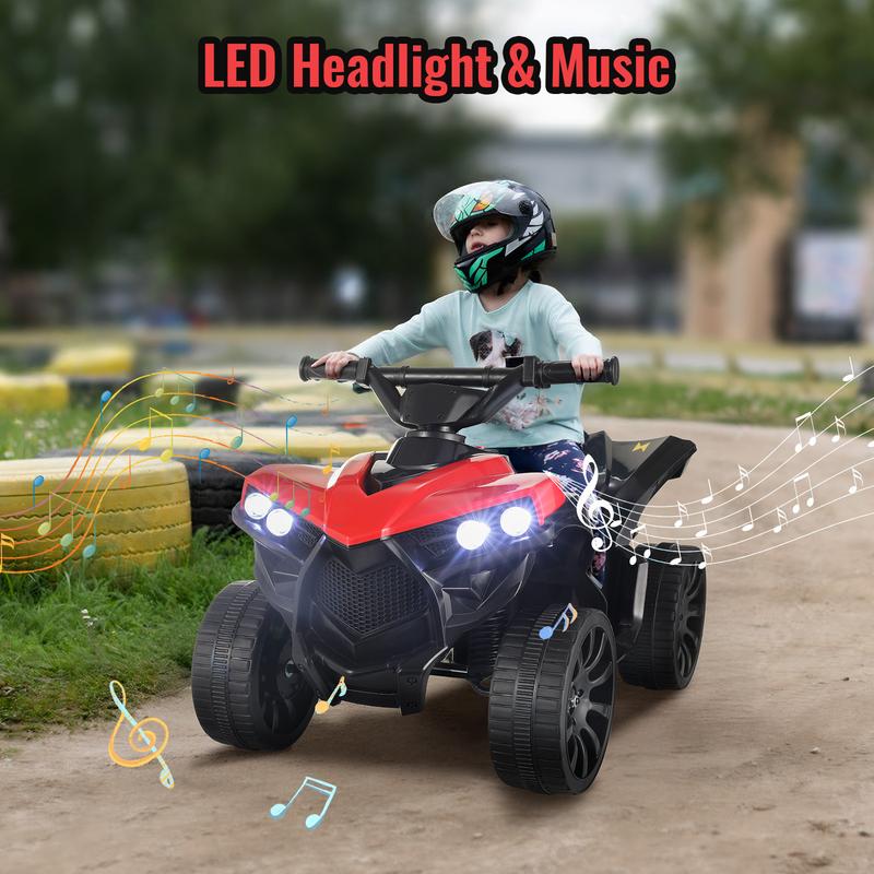 6V electric four-wheeler, kids ride-on toy with music, headlight, pedal accelerator, non-slip tires, indoor and outdoor playroom for boys and girls