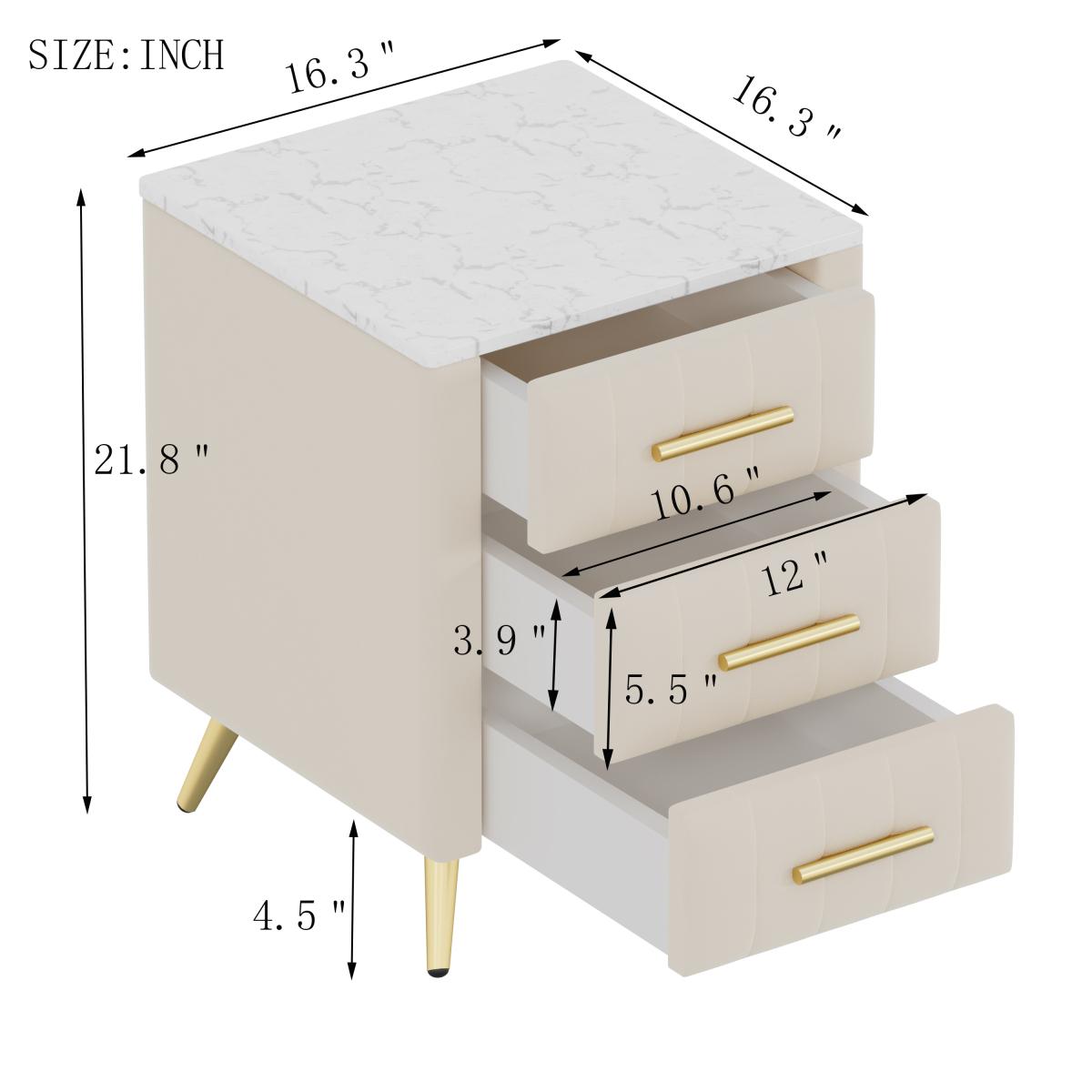 Upholstered Wooden Nightstand with 3 Drawers and Metal Legs&Handles, Bedside Table with Marbling Stickers Worktop - Beige,Velvet Nightstand with Marble Top, Large Storage Space