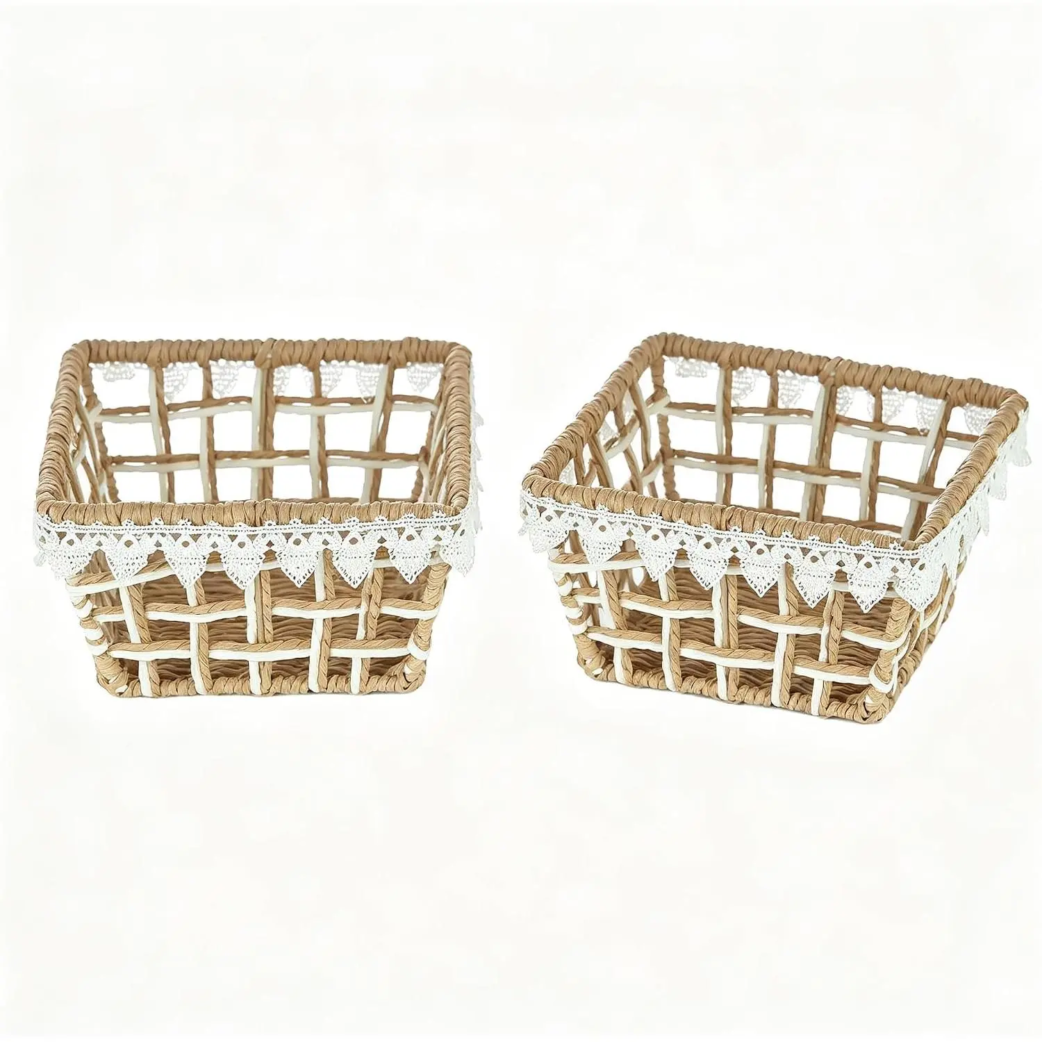 2-Pack Woven Decor Storage Baskets with Lace Trim | Boho  Organizer Bins for Bathroom Toilet Paper Storage, Decorative Shelf Baskets for Living Room & Kitchen Cabinet