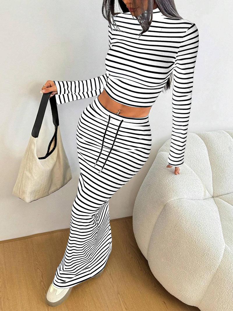 Women's Striped Print Long Sleeve Top & Skirt Two-Piece Set, Elegant Casual Outfits for Daily Outdoor Wear, Women's Clothes for All Seasons, Airport Outfit