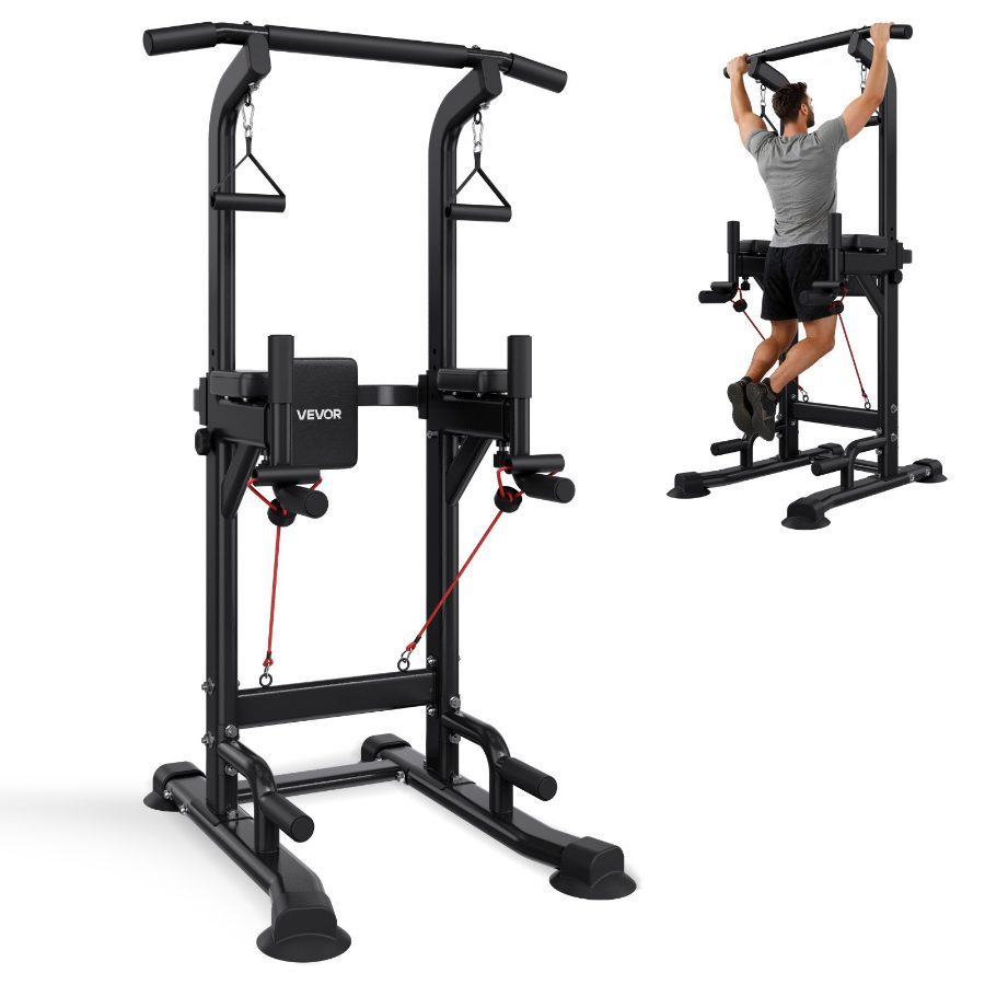 VEVOR Pull Up Bar, 330 LBS Power Tower Dip Station, Workout Dip Station with H-Shaped Stable Base Back Pad, Adjustable 12 Level Height Free Standing Chin Up Bar for Back, 4-Level Adjustable Back Pad