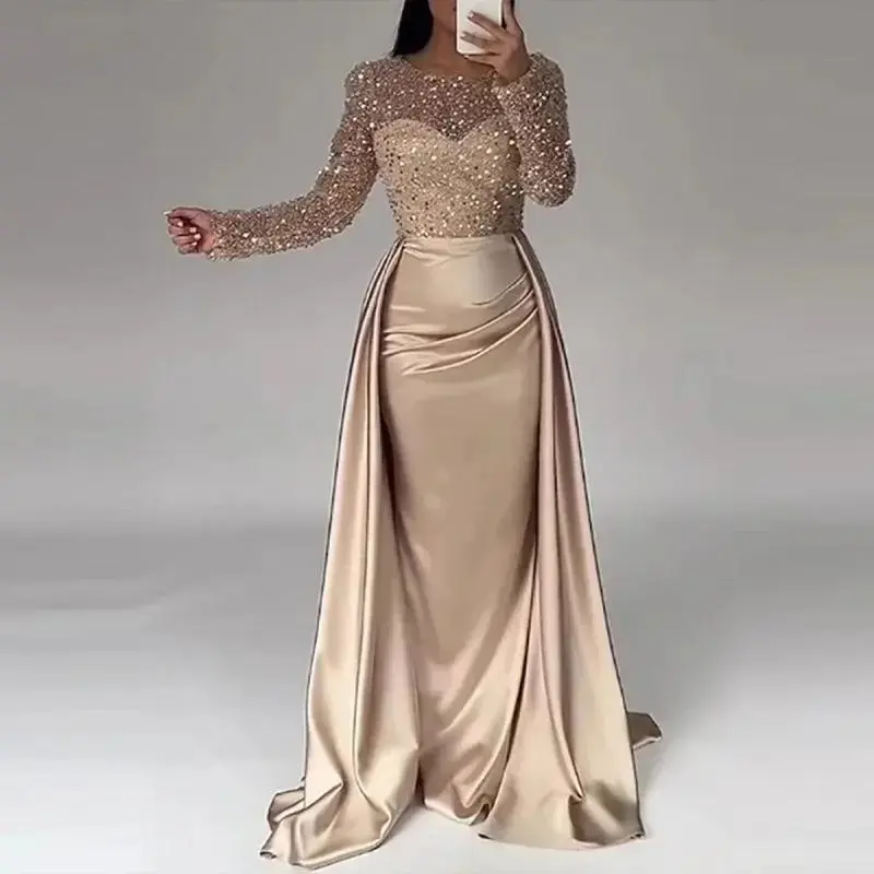 Sequin Patchwork Evening Dress Formal Womenswear Elegant High Waist Long Sleeves Pleated Fit