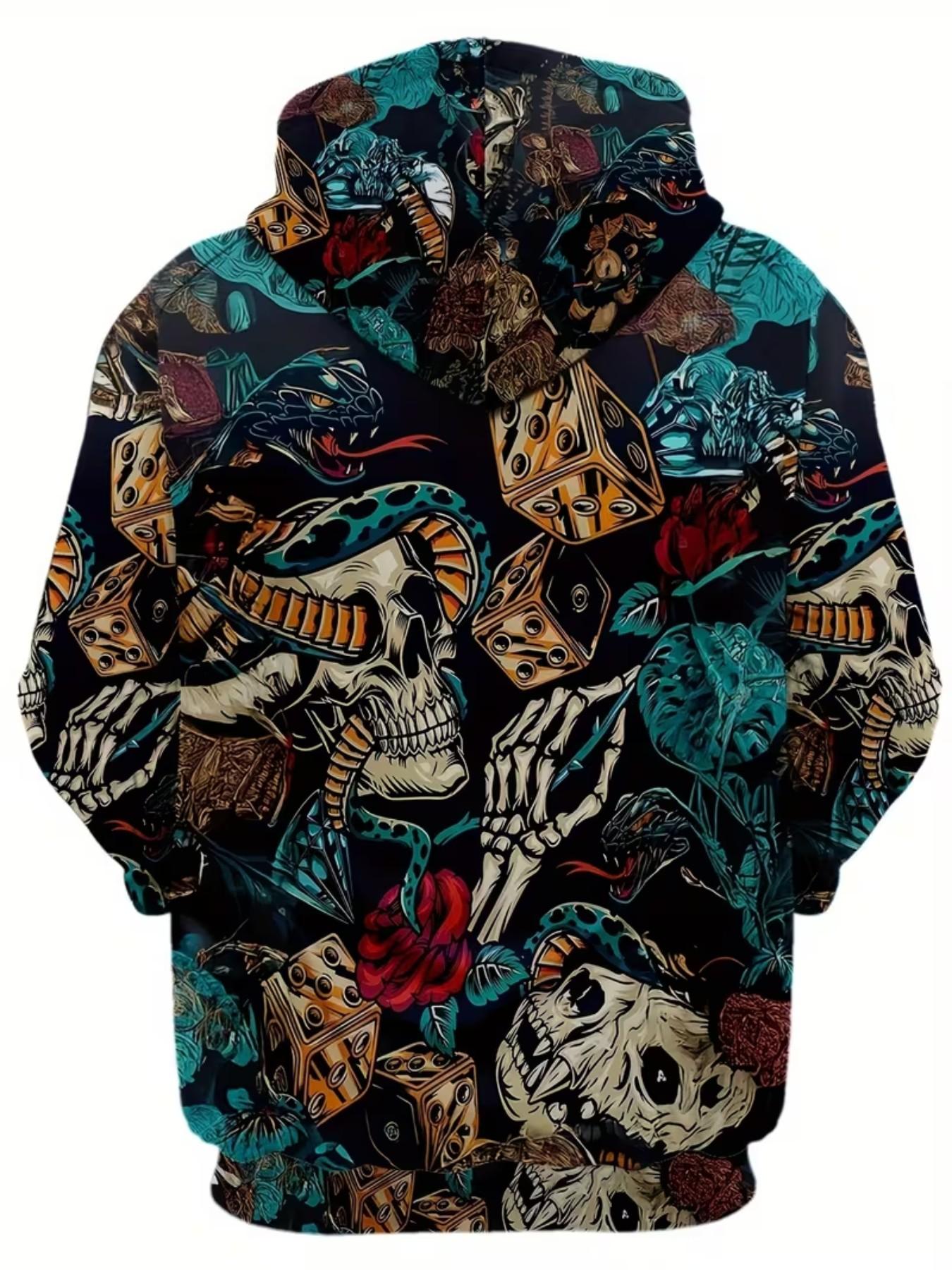 Men's 3D Skull Snake Print Hoodie, Long Sleeve Pullover, Casual Fitted Jacket, Urban Style, Comfortable Fabric