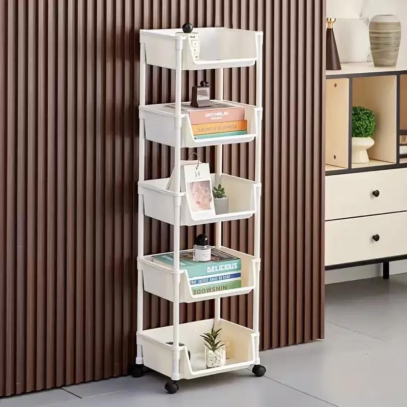 Five-Tier Multi-Functional Plastic Durable Storage Cart with Wheels, Layered Organizer for Bedroom Kitchen Bathroom Living Room, Portable and Movable