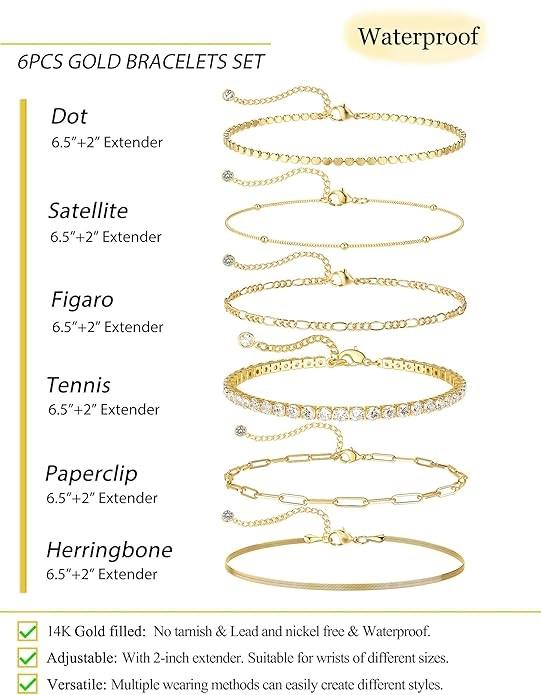 Tewiky Waterproof 14K Gold Plated Copper 6-Piece Bracelets Set for Women Elegance in Every Link Adjustable Size Hypoallergenic Gift Box Included For Valentine's Day gifts