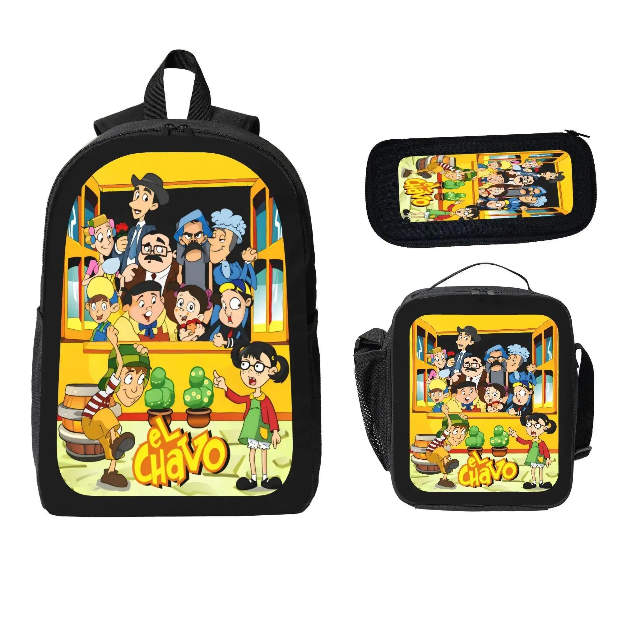 Fashion El Chavo Backpack With Lunch Box Pencil Case 3 Piece For Boy Girl Teen Schoolbag Lightweight Large Capacity 600D Oxford Cloth Adjustable Straps Comfortable Mesh Back Cushioning backpack
