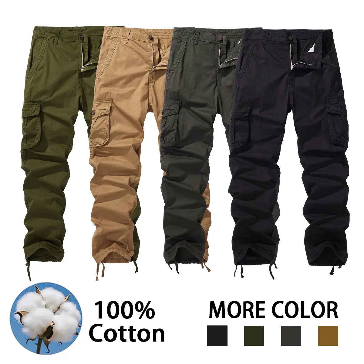 Men wear straight leg workwear pants for daily wear, with large capacity flip storage pockets on the side and adjustable drawstring at the hem, suitable for outdoor work and leisure.