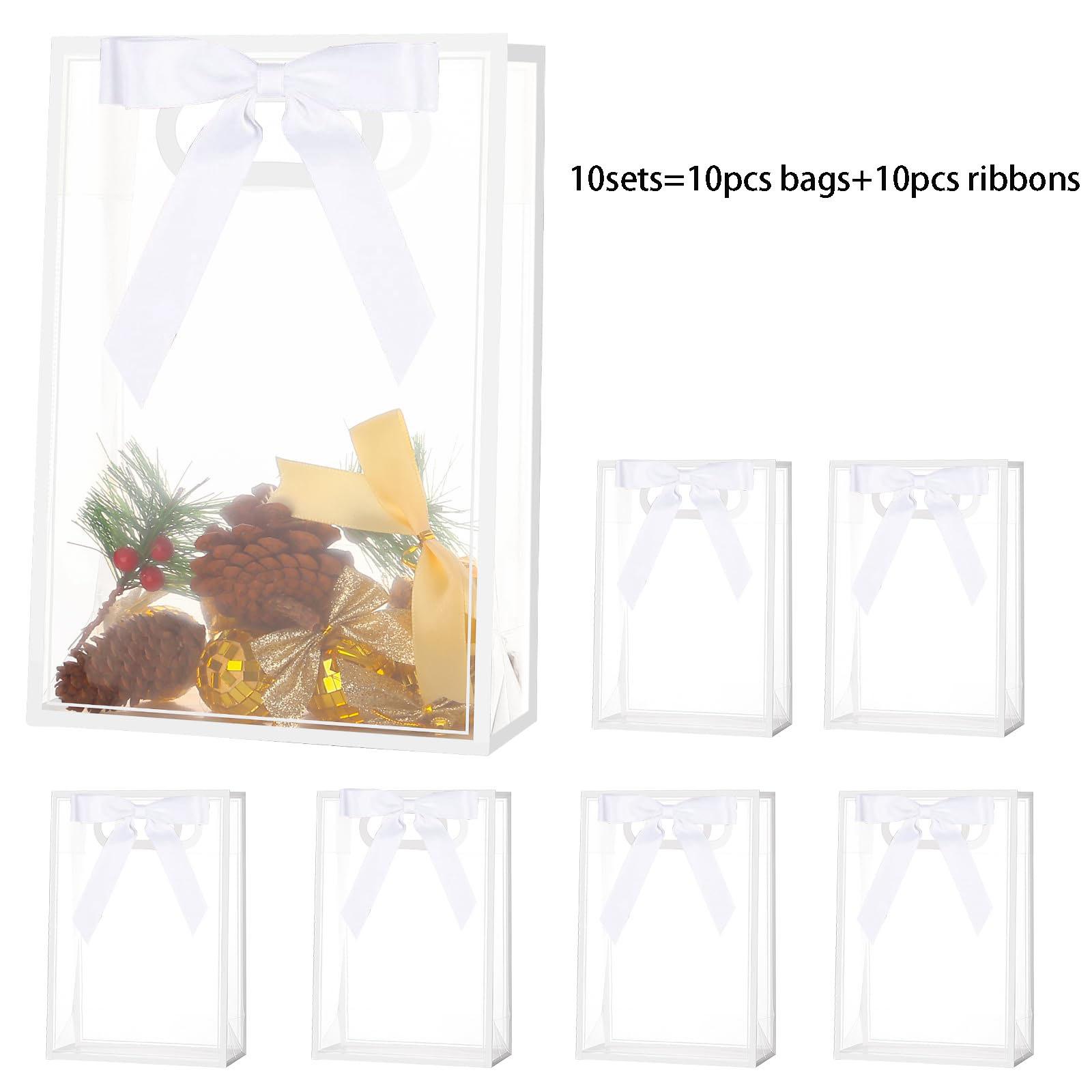 10 Transparent Plastic Gift Bags, PVC Clear Tote Bags with Ribbon, Waterproof Reusable, Ideal for Holidays and Events