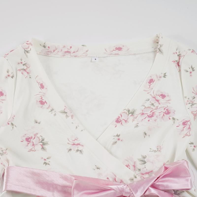 French Elegance Bow Blouse, Loose A-Line V-Neck Crossed Babydoll Top, Cute Floral Shirt for Spring & Fall, Casual Versatile French Elegance Bow Blouse, Loose A-Line V-Neck Crossed Babydoll Top, Cute Floral Shirt for Spring & Fall, Casual Versatile