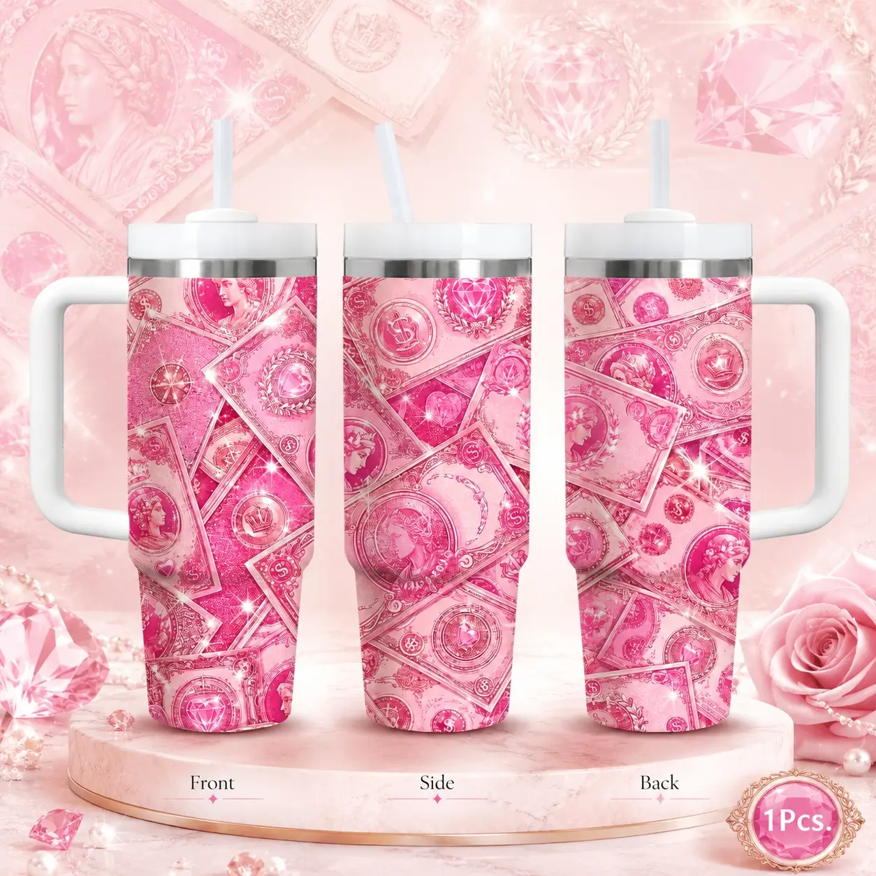 Pink Dollar Bill Water Bottles 40oz Stainless Steel Vacuum Insulated Tumbler with Handle & Straw | Long-Lasting Cold & Heat Retention, Leak-Resistant | For Iced Coffee, Water, Office, Gym & Travel