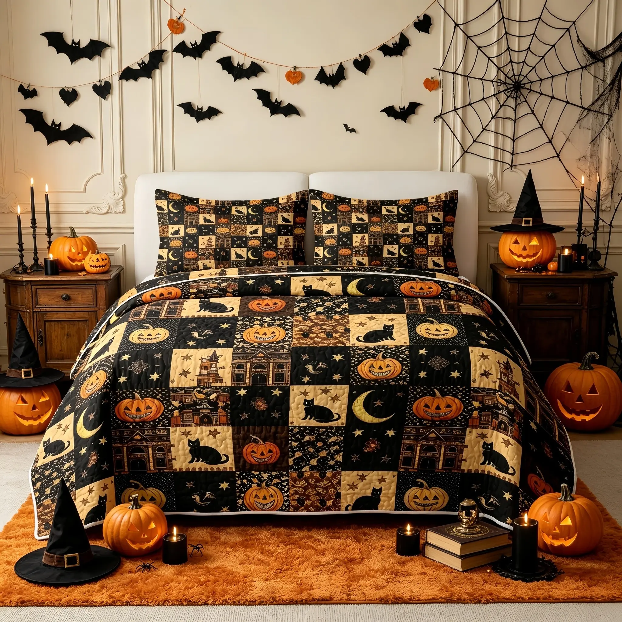 Black Cat and Pumpkin Checkered Quilted Bedding 3-Piece Set, Printed Bedding Set, featuring a reversible microfiber quilted bedspread with 2 pillowcases—a lightweight, all-season bedroom decor set