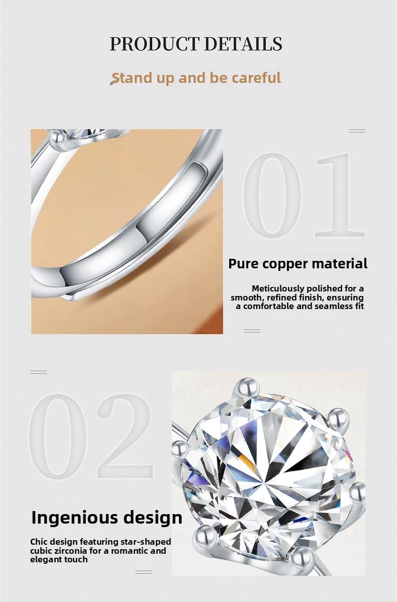 Classic six-prong imitation moissanite adjustable ring for women, high-end copper alloy, simple and stylish, popular cross-border foreign trade item