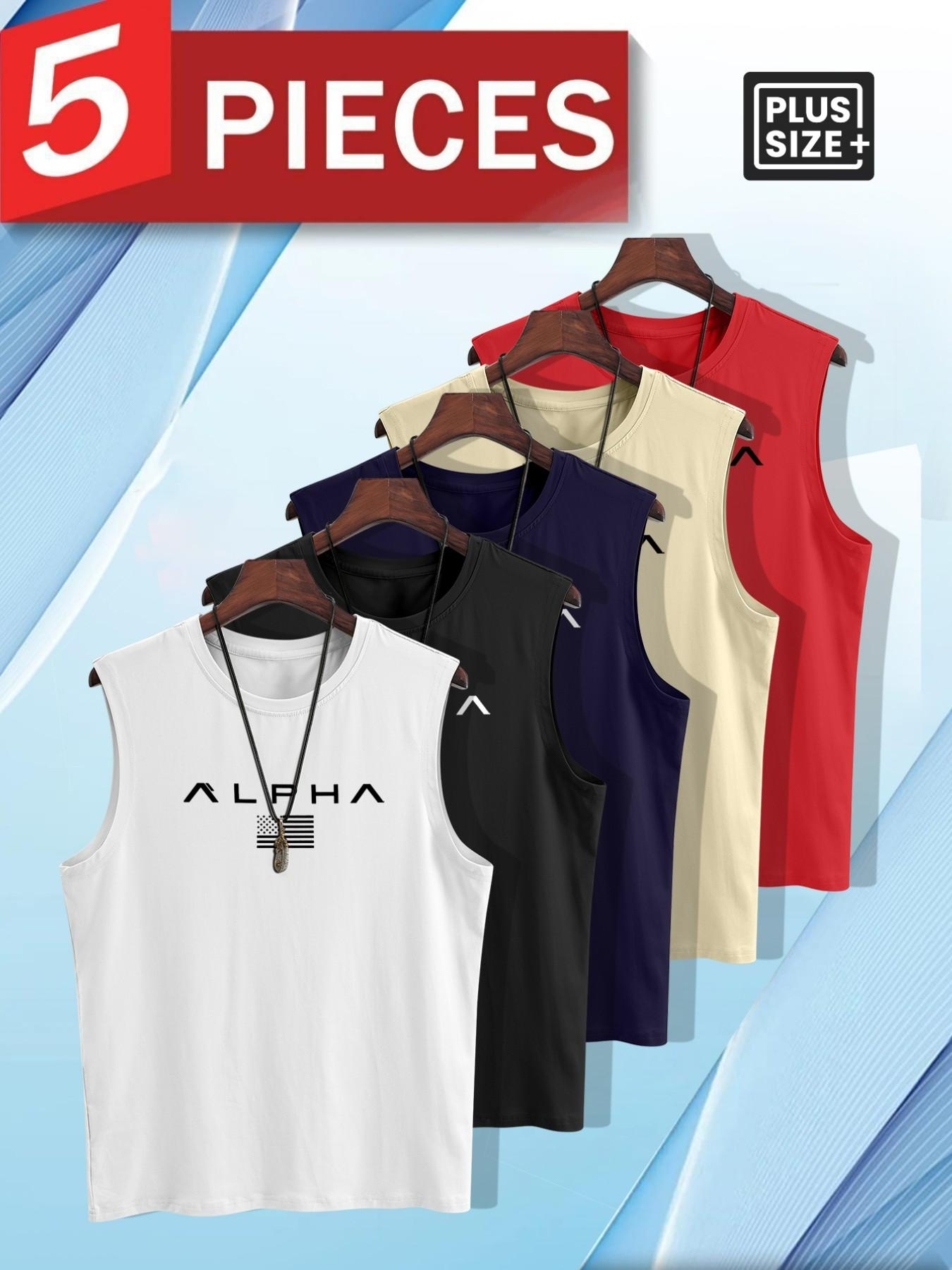 5pcs Men's Plus Size ALPHA USA Flag Graphic Sleeveless Tank Top, Casual Loose Fit Crew Neck Vest, Trendy Streetwear Tops for Summer, Daily Commute & Lounge