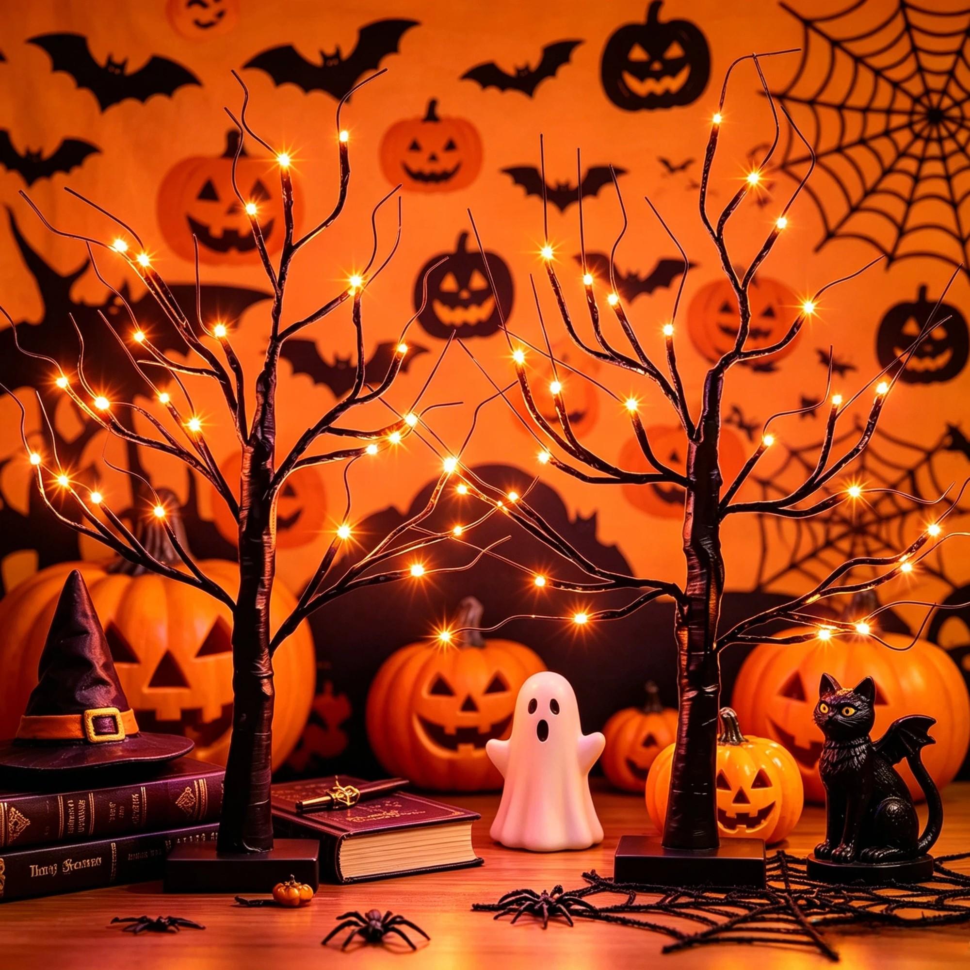 1/2 Pack 24 Inch Black Halloween Ghost Tree Light with 24 LEDs Orange & Purple Lights, USB & Battery Powered, DIY Hanging Ornament Table Lamp for Bedroom Haunted House Thanksgiving Autumn Seasonal Home Party Decor (Battery Not Included)