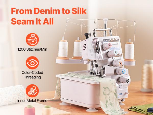 VEVOR Serger Overlock Sewing Machine, 1250 Stitches Per Minute, 2-3-5 Thread Capability, with LED Light and Strong Suction Feet, Heavy-Duty Metal Frame Sewing Machine for Various Fabrics, White