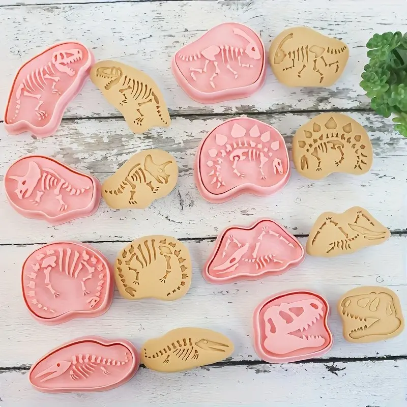 Dinosaur Fossil Cookie Mold Set, 8-Piece Cartoon 3D Stamp Press Cutter Tool, Fondant Baking Molds, Fun Kitchen Accessories