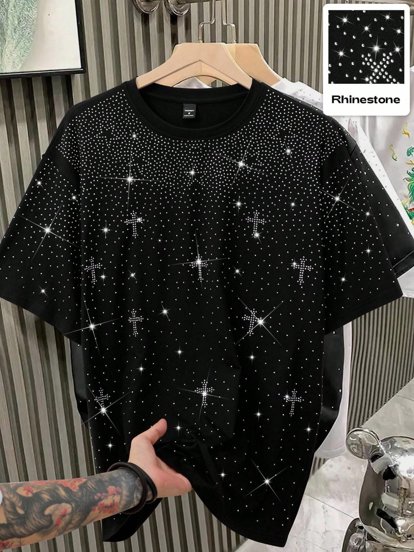 Men's Gothic Cross Rhinestone Embellished T-Shirt | Lightweight Breathable Polyester, Black Base with Sparkling Rhinestone Star & Cross Print, Oversized Fit, Y2K Streetwear Casual Tee, Ideal for Party, Night Out, Urban Street Style & Edgy Looks