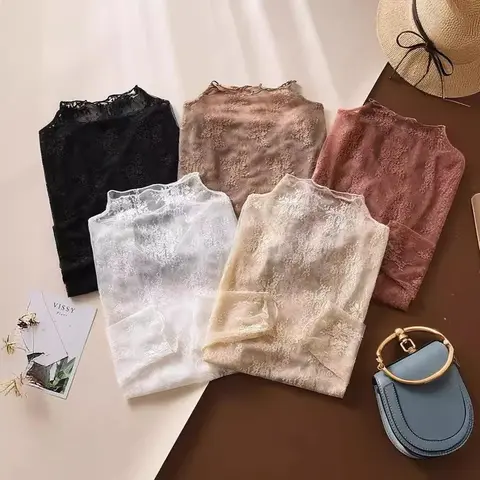 Women's Sexy Floral Lace Blouse - Sheer Mesh Mock Neck Long-Sleeve See-Through Base Layer Undershirt